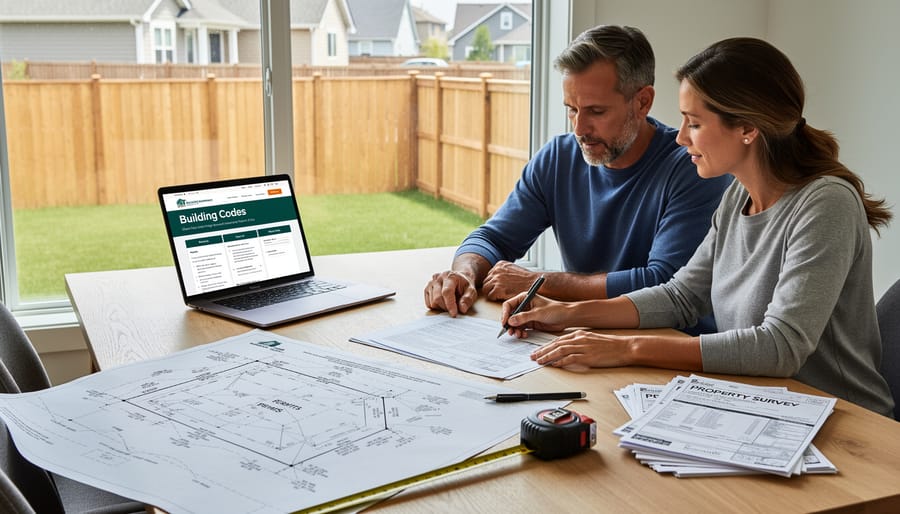 Homeowner reviewing property survey documents and measurements before fence installation