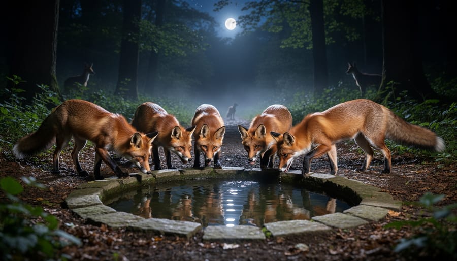 Fox drinking from garden water feature at night under moonlight