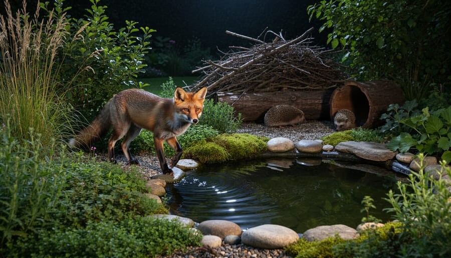 Garden corner with native plants, water feature, and natural shelter designed for wildlife