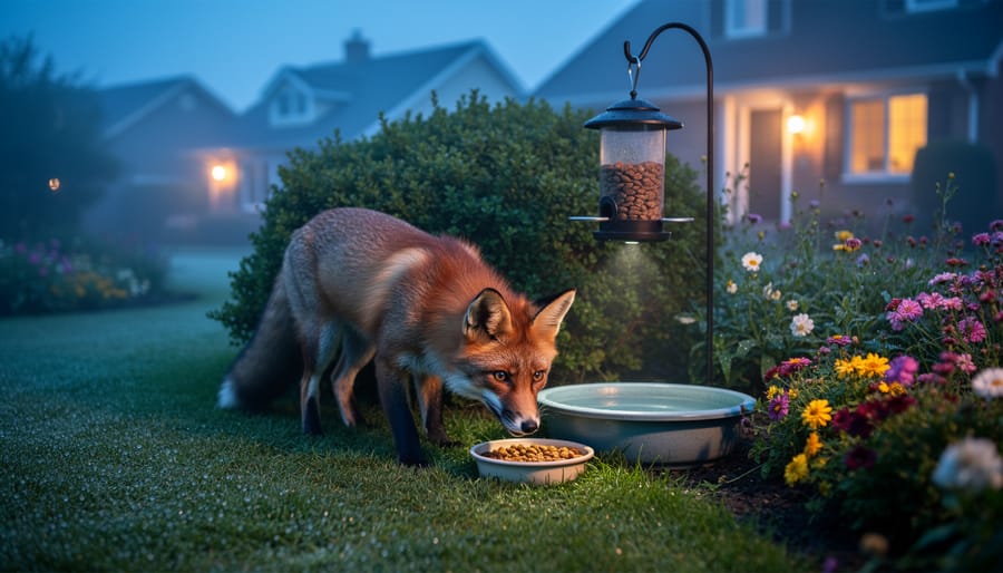 Red fox standing in suburban garden during dusk hours