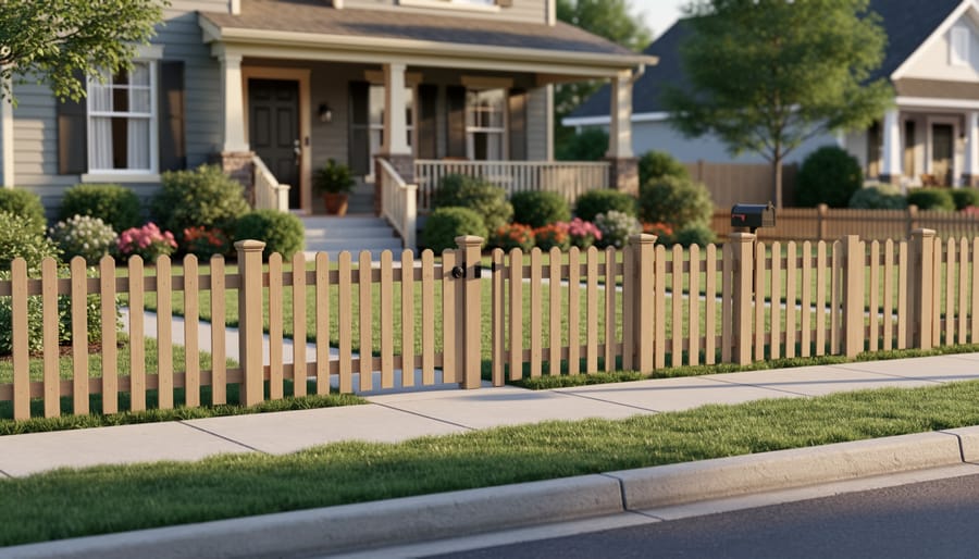 White picket fence approximately 3 feet tall along front yard of suburban home