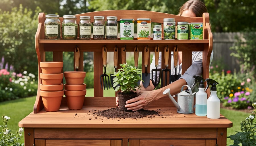 Wooden potting bench with organized shelves holding gardening tools, pots, and supplies on sunny patio