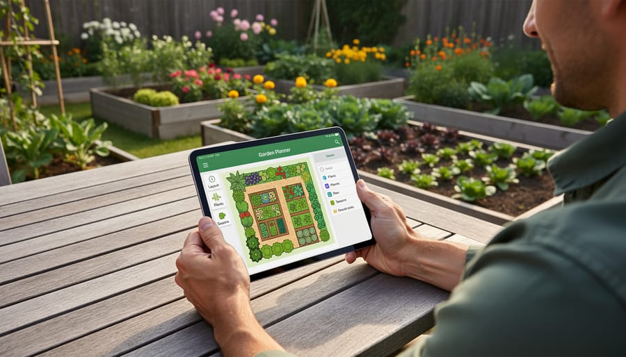Gardener holding smartphone with garden planning app over potting bench with tools