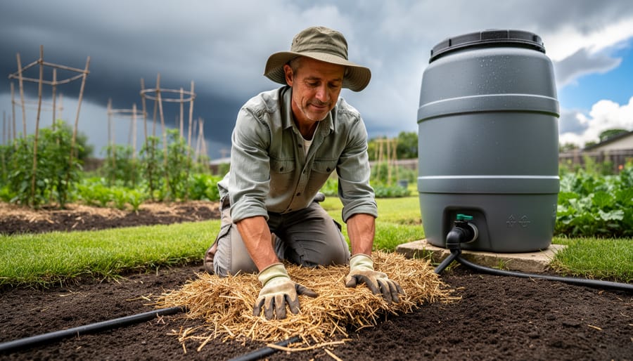 Gardener kneeling in a vegetable bed, pressing mulch into rich soil next to a drip irrigation line and rain barrel, with blurred tomato cages and receding storm clouds in the background.