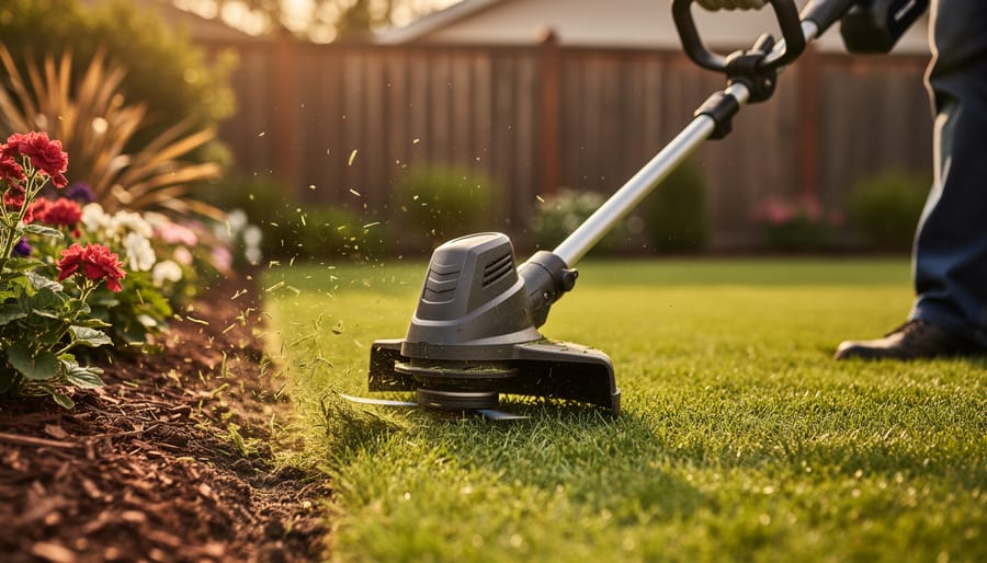 Cordless string trimmer cutting a neat lawn edge along a flowerbed, operated by a gloved gardener at golden hour, with a blurred fence and ornamental plants in the background.
