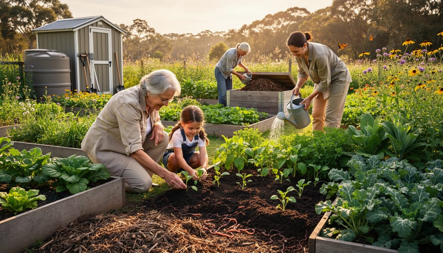 Three generations of family planting together in sustainable garden
