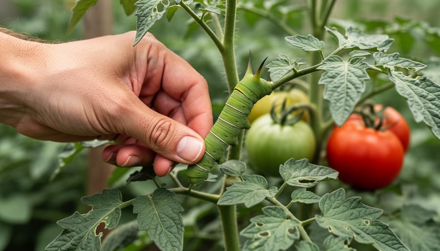 Gardener's gloved hands removing hornworm caterpillar from tomato plant