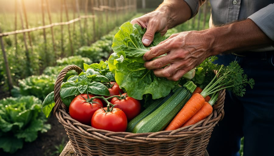 Hands harvesting lettuce into a wicker basket filled with ripe tomatoes, small zucchini, basil sprigs, and carrots without tops in a dewy garden at sunrise, with blurred trellised vines in the background.