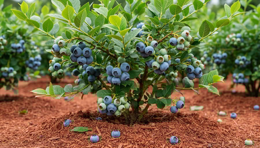 Thriving blueberry bush with ripe berries and healthy foliage