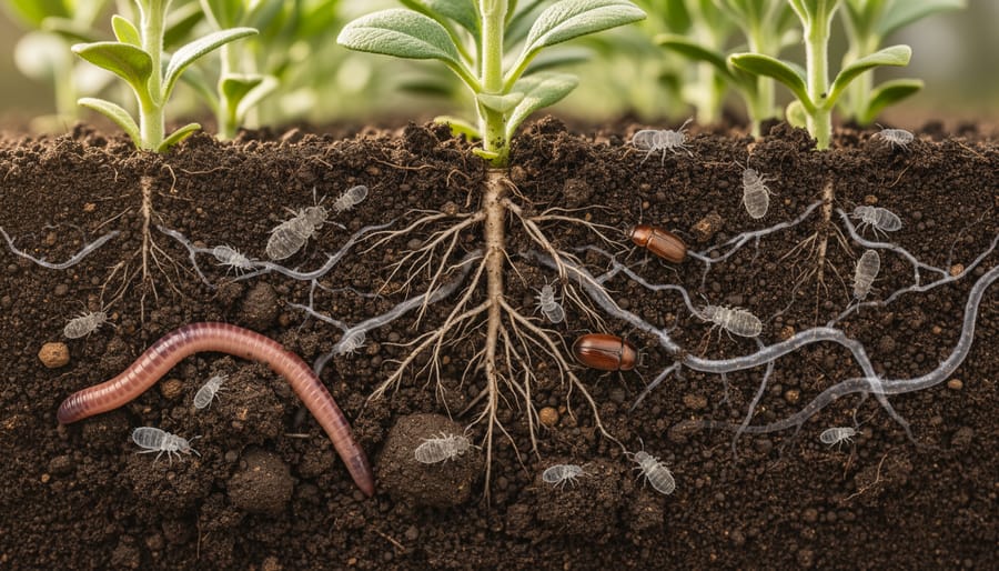 Close-up of dark healthy soil showing earthworms and organic matter