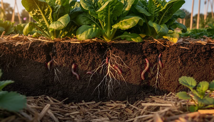 Ground-level close-up of a garden soil cross-section showing rich crumbly earth with earthworms, fine fungal mycelium, and plant roots beneath leafy greens in warm golden hour light.