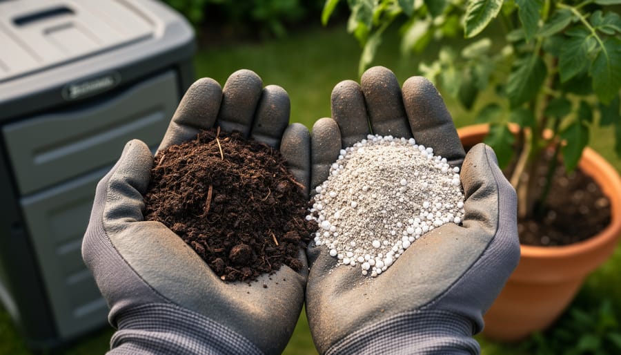 Two gloved hands holding dark homemade compost and light potting mix with white perlite, shot from above, with a compost bin and slightly drooping terracotta potted plant softly blurred in the background.