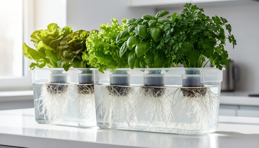 Clear hydroponic containers showing lettuce and herbs with visible root systems growing in clay pebbles