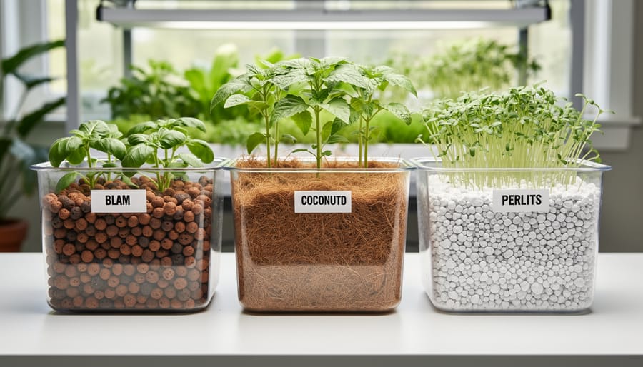 Comparison of hydroponic growing media including clay pebbles, coconut coir, and perlite