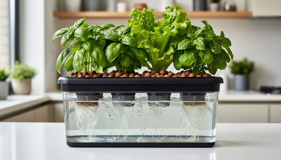 Close-up of an indoor hydroponic container on a kitchen counter with mesh net pots filled with clay pebbles growing basil and lettuce, transparent side revealing bubbling nutrient solution and roots, softly lit by window light with a blurred apartment background.