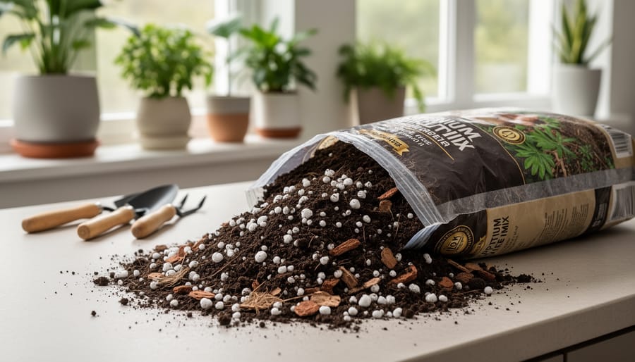 Close-up of hands holding indoor potting mix showing texture and components including perlite