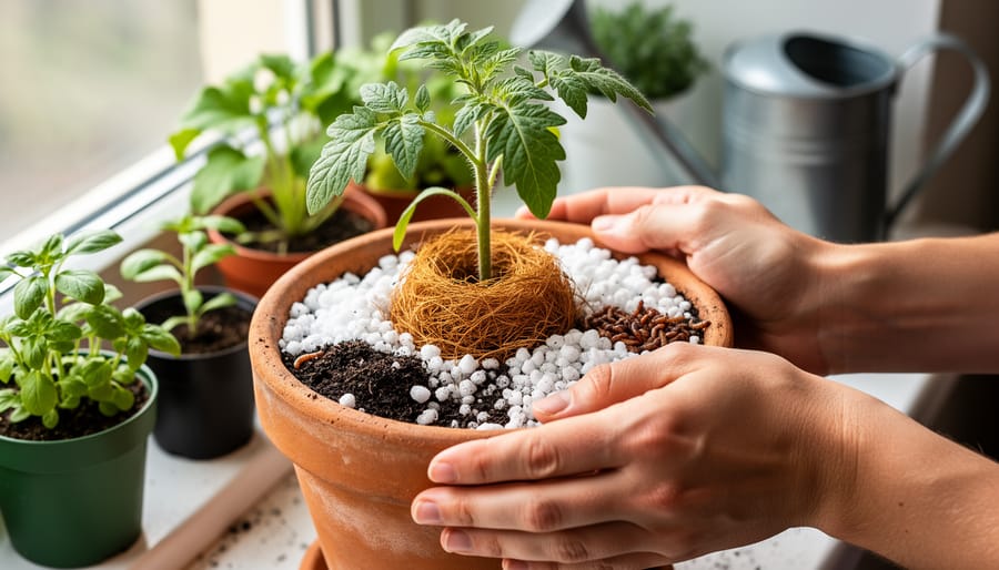 Hands mixing coco coir, perlite, compost, and worm castings in a terracotta pot beside a tomato seedling under soft window light, with additional potted leafy greens and a watering can blurred on a windowsill