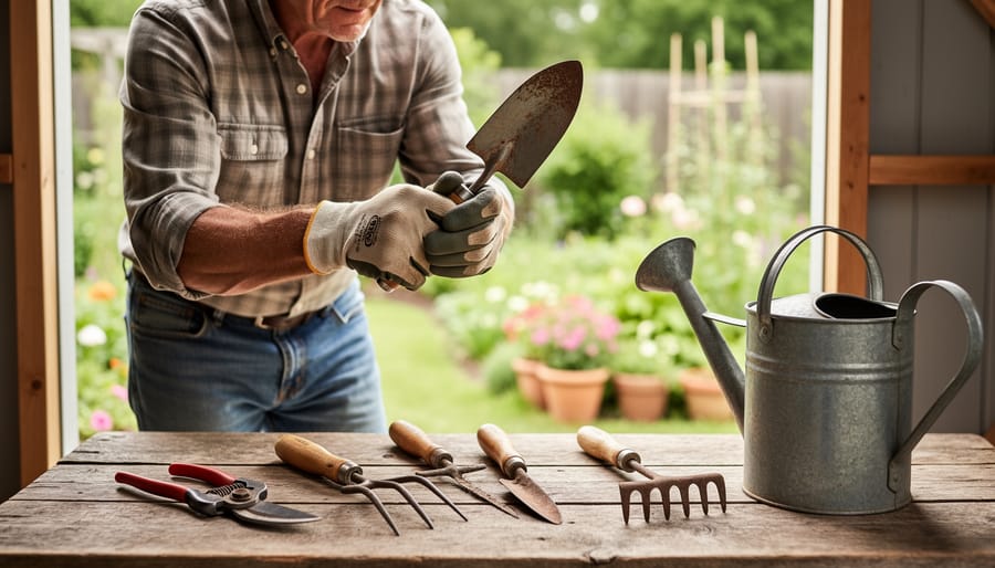 Gardener inspecting secondhand garden tool at outdoor sale for quality and condition