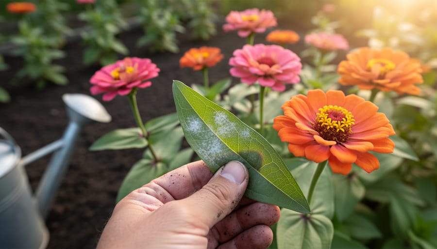 Close-up of a gardener’s hand lifting the underside of a zinnia leaf showing white powdery mildew spots, with pink and orange zinnias nearby; early morning side light and a blurred watering can spout at soil level in the background.