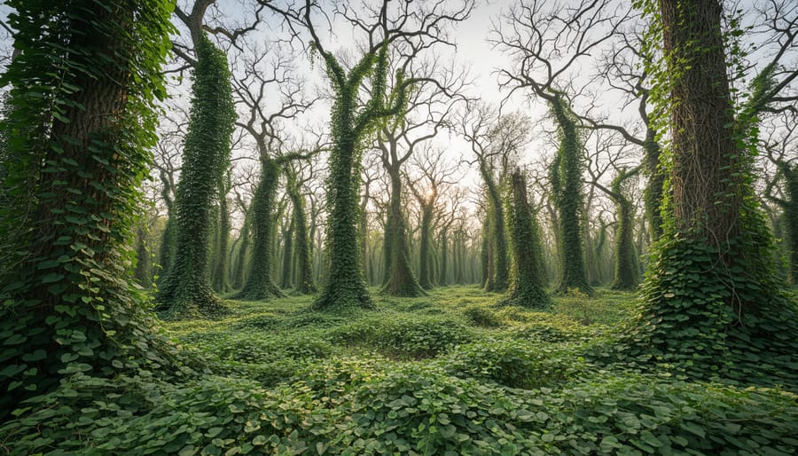 Kudzu vine invasive plant covering and strangling native trees in forest