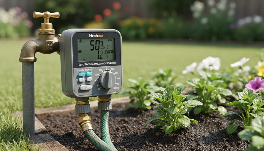 Close-up of programmable irrigation timer attached to garden faucet