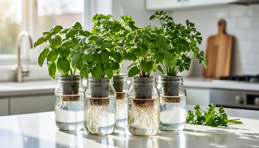 Kratky method hydroponic container with healthy basil plant growing on indoor windowsill