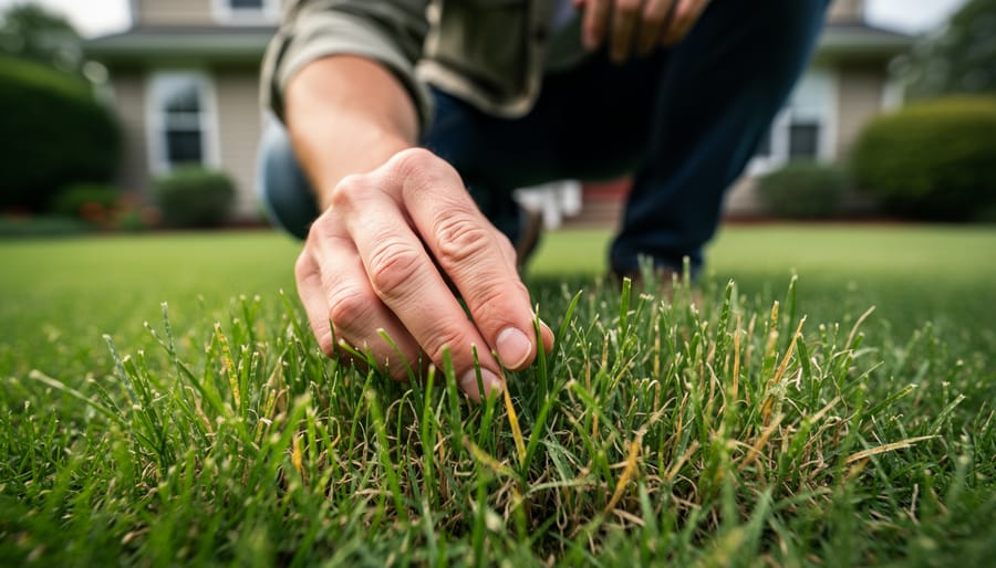 Homeowner in gardening gloves examining lawn grass blades for disease symptoms