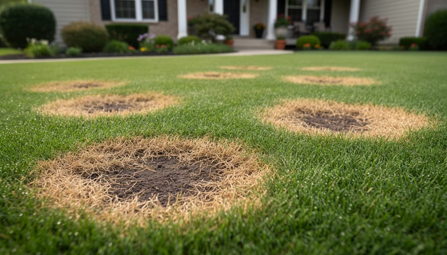Close-up of diseased lawn grass showing brown patch fungal disease with circular pattern