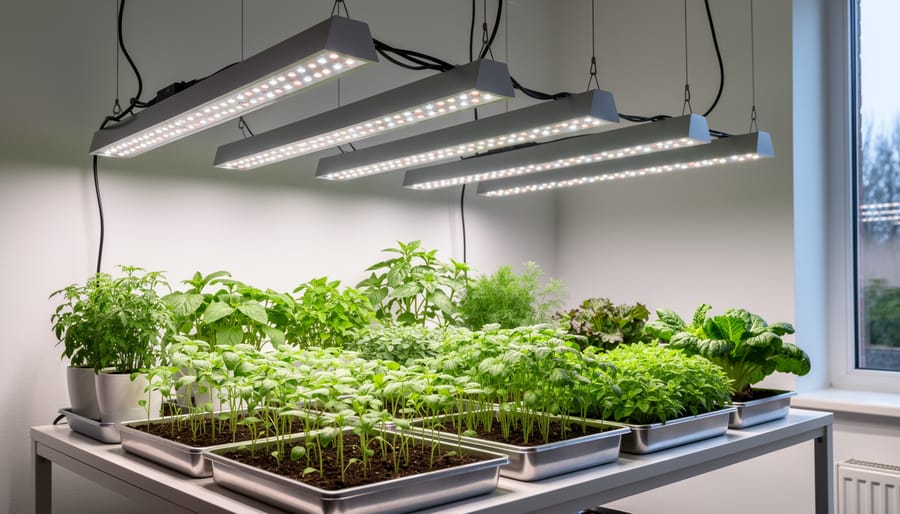 Multi-tier indoor growing station with seedlings under LED grow lights