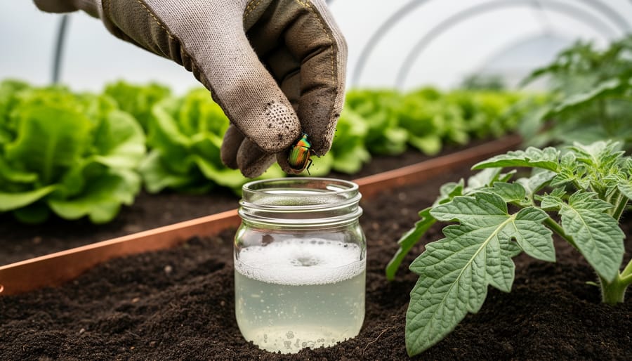 Gloved hand dropping a Japanese beetle into a jar of soapy water beside a tomato leaf, with a blurred lettuce bed edged in copper and white row cover arches in the background.