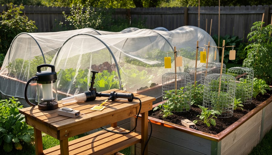 Collection of mechanical pest control tools including traps, barriers, and row covers on wooden bench
