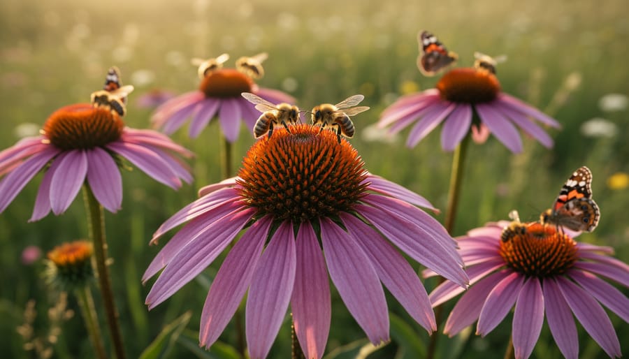 Native purple coneflower with bee pollinating the flower center