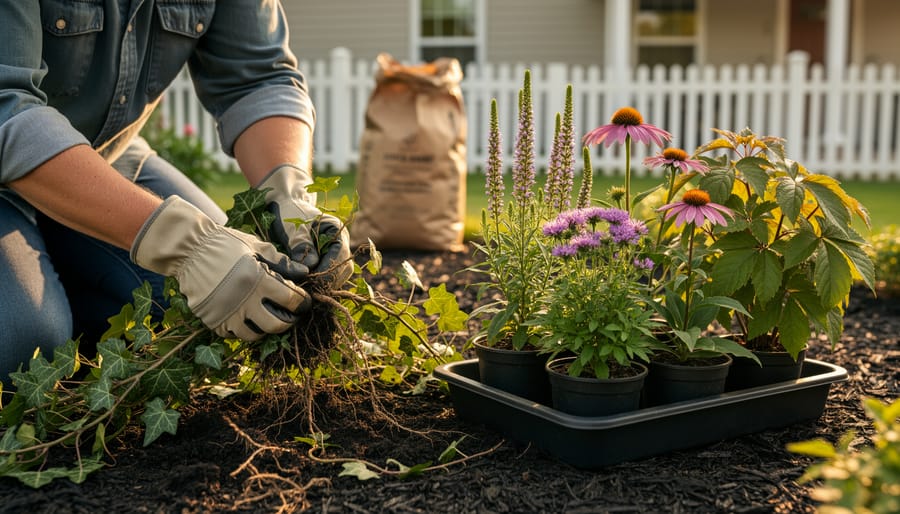 Gloved homeowner pulling invasive English ivy from a garden bed at golden hour, with a tray of native plants like coneflower and blazing star ready for planting, and a softly blurred suburban house and yard-waste bag behind.