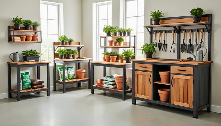 Three different potting bench designs showing compact, full-size, and mobile options