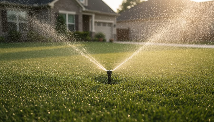 Healthy lawn being watered by sprinkler system in early morning light