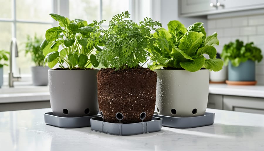 Container with drainage holes and water collection tray beneath indoor vegetable plant