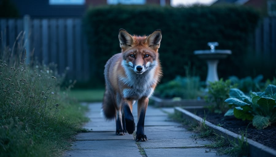 Red fox standing alert on a stone garden path at dusk in a suburban garden, photographed at eye level, with a fence, hedgerow, and garden beds softly blurred in the background.