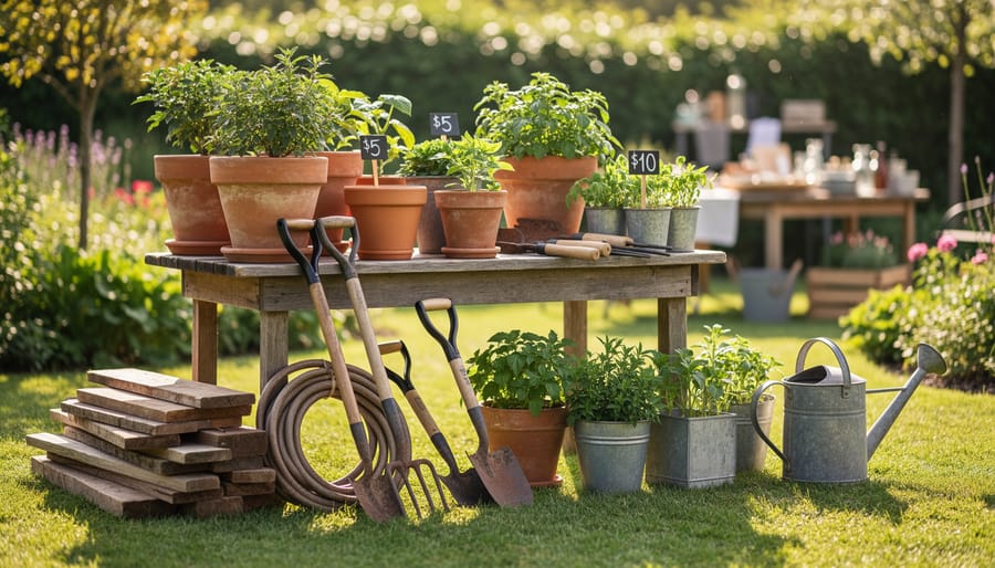 Collection of secondhand garden pots, tools and planters displayed at outdoor marketplace
