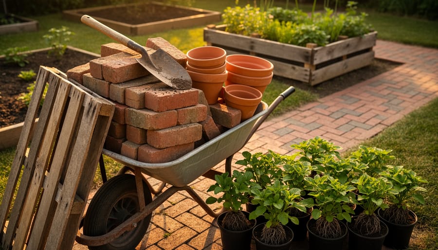 Wheelbarrow filled with reclaimed bricks, weathered pallet boards, a vintage spade, and terracotta pots next to potted plant divisions in a sunlit backyard, with blurred raised beds, a pallet herb planter, and a partially laid brick path behind.