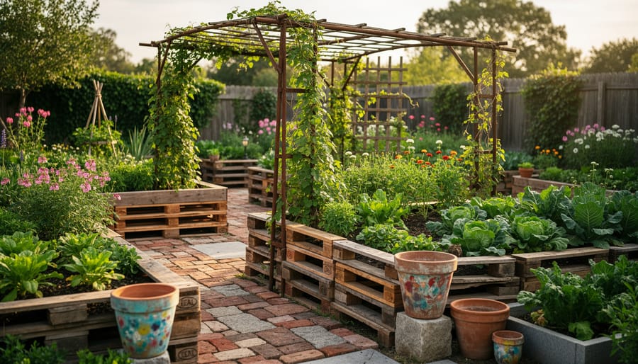 Successful raised bed garden built entirely from reclaimed materials with thriving plants