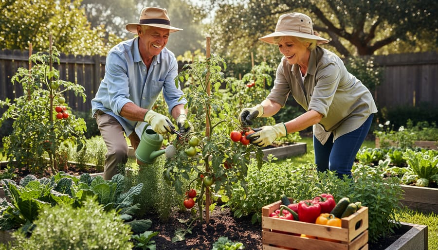Senior woman tending to plants in raised garden bed during golden hour