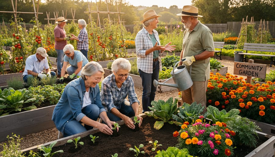 Group of seniors working together and socializing in community garden setting