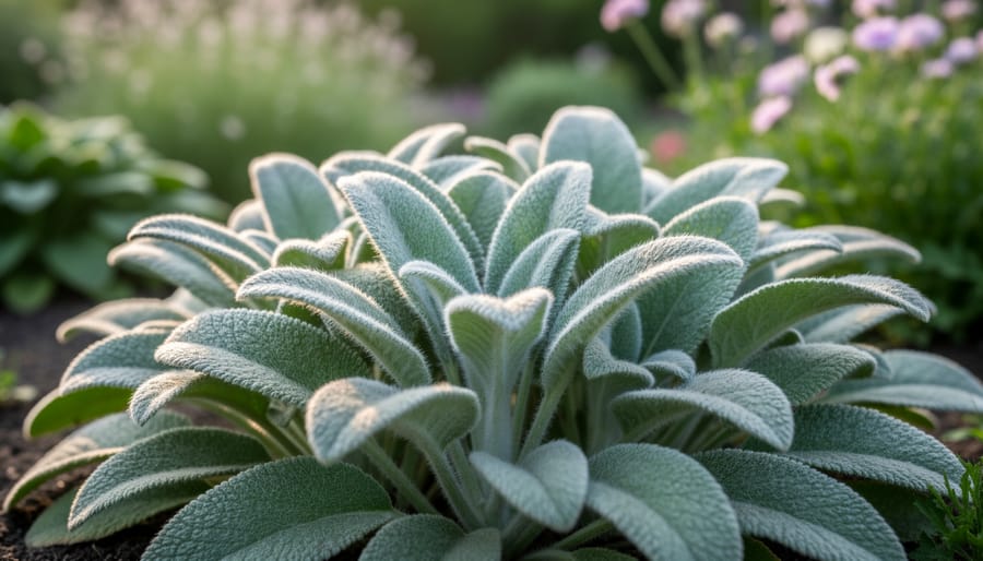 Close-up of hands touching fuzzy lamb's ear plant leaves in sensory garden