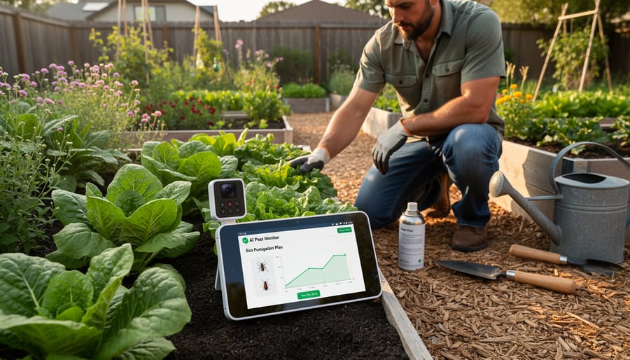 Gardener using tablet technology for smart pest monitoring in vegetable garden