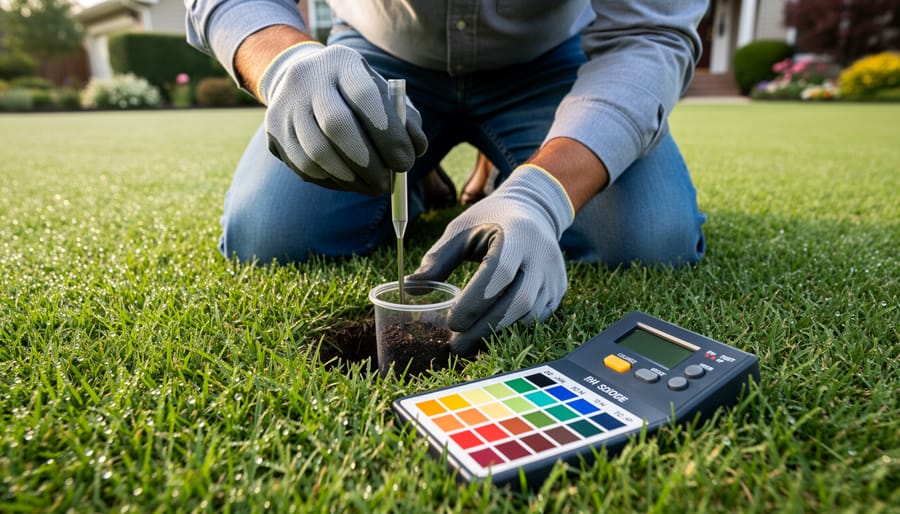 Homeowner using soil pH test kit on zoysia grass lawn with test tube and soil sample