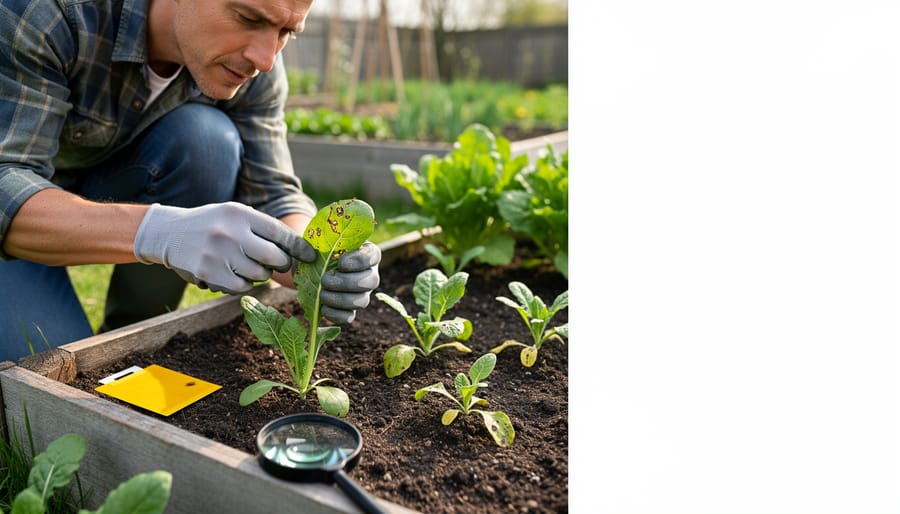 Gardener inspecting tomato plant leaves for early signs of pests in spring garden