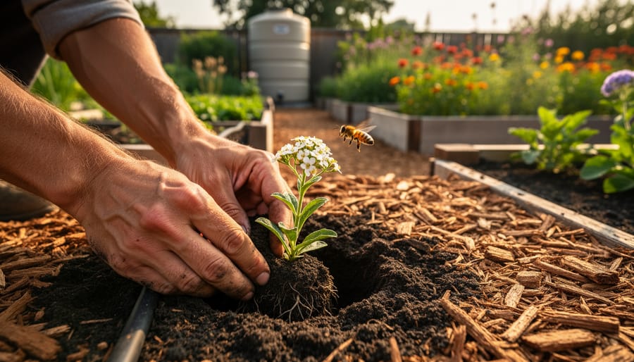 Hands planting a native flowering seedling into mulched garden soil with a drip irrigation line, while a honeybee hovers; raised beds, a rain barrel, and pollinator plants softly blur in golden-hour light.