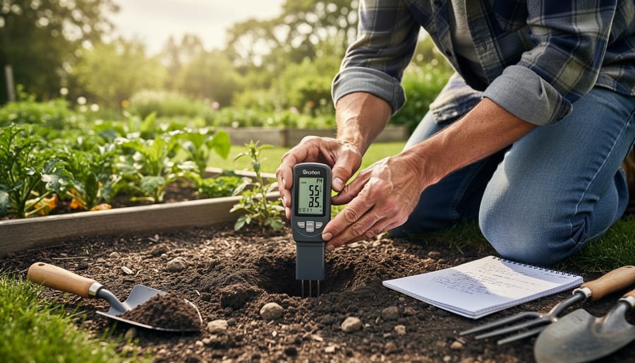 Gardener using digital pH meter to test garden soil