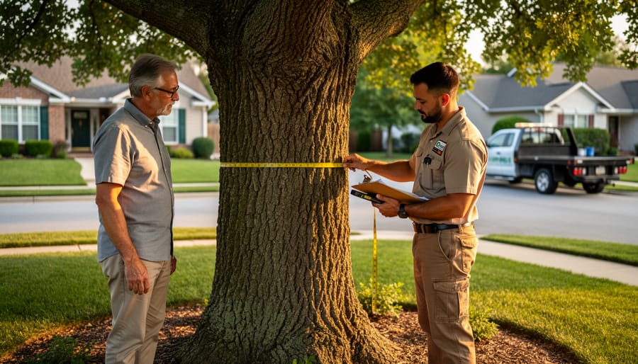 Arborist measuring a mature oak’s trunk with a diameter tape while discussing options with a homeowner in a suburban front yard, clipboard in hand, late-afternoon sunlight, with houses and an unmarked city pickup softly blurred in the background.