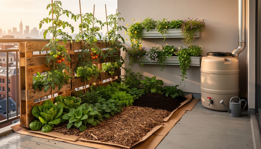 Urban balcony permaculture garden with sheet-mulched bed over concrete, vertical pallet planters growing tomatoes and lettuce, wall-mounted gutter planters, and a blue food-grade rain barrel connected to a downspout, with city rooftops softly blurred at golden hour.